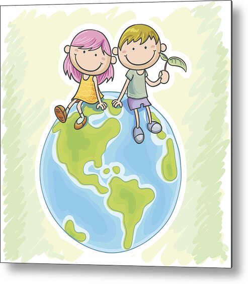 Art Metal Print featuring the drawing Little girl and boy sitting on the globe by LokFung