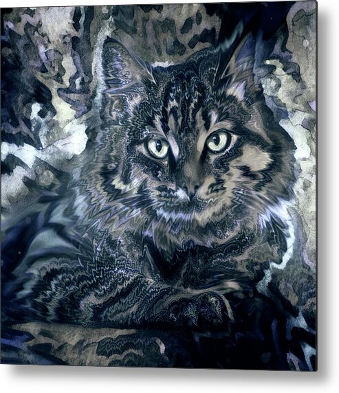Tabby Cat Metal Print featuring the digital art Long Haired Tabby Cat - Monotone by Peggy Collins