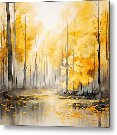 Yellow Metal Print featuring the painting Magical Autumn - Autumn Magic - Watercolor Painting of the Woods in Fall Colors by Lourry Legarde