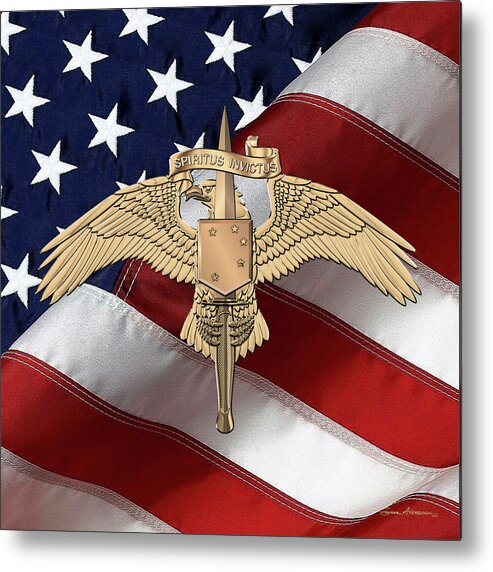 Military Insignia & Heraldry Collection By Serge Averbukh Metal Print featuring the digital art Marine Special Operator Insignia - USMC Raider Dagger Badge over American Flag by Serge Averbukh