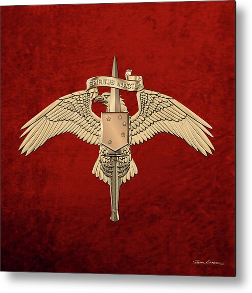 Military Insignia & Heraldry Collection By Serge Averbukh Metal Print featuring the digital art Marine Special Operator Insignia - USMC Raider Dagger Badge over Red Velvet by Serge Averbukh