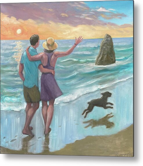 Southern Oregon Coast Metal Print featuring the painting Matt, Leah and Chupie in Paradise by Laura Lee Cundiff