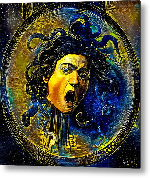Medusa Metal Print featuring the digital art Medusa by Caravaggio - starry blue with yellow digital recreation by Nicko Prints