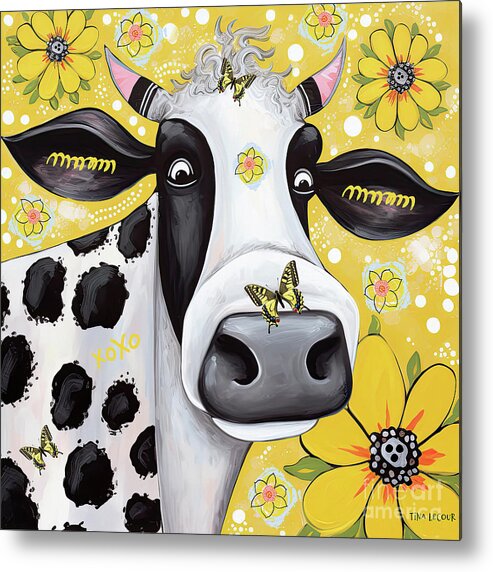 Black And White Cow Metal Print featuring the painting Mesmerized By The Butterfly by Tina LeCour