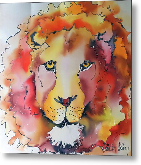 A Mighty Lion King In All His Glory With Sensitive Golden Eyes And A Vibrant Wild Mane In Yellow Metal Print featuring the tapestry - textile Mighty Lion by Karla Kay Benjamin