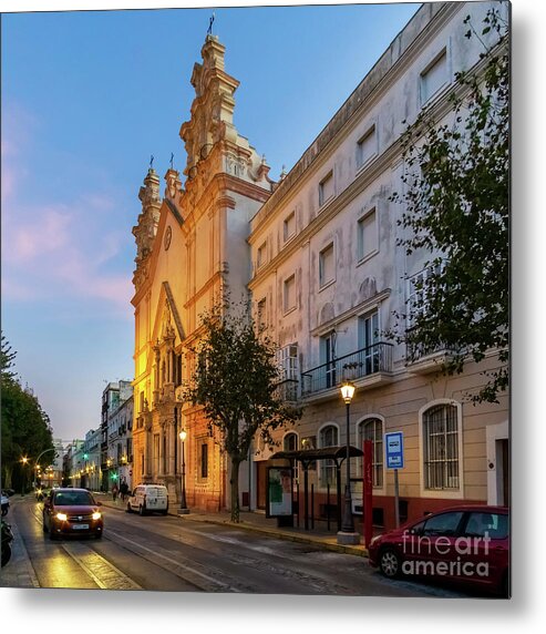 Catholicism Metal Print featuring the photograph Night View of del Carmen Church in Alameda Apodaca Cadiz Andalusia by Pablo Avanzini