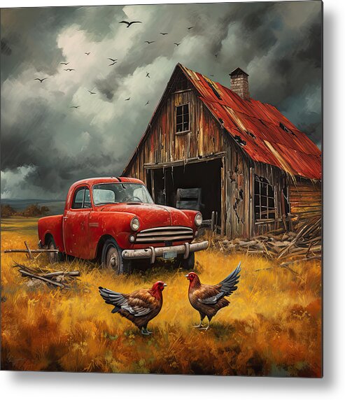 Rustic Metal Print featuring the painting Old Barn and Red Truck by Lourry Legarde