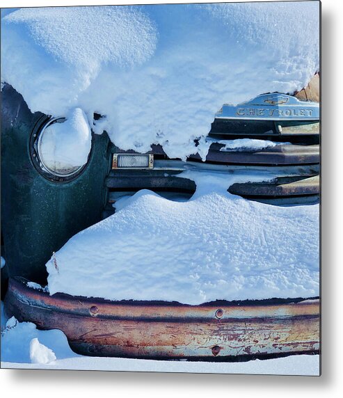 Truck Metal Print featuring the digital art Old rusty Chevrolet covered by snow in Montana by Tatiana Travelways