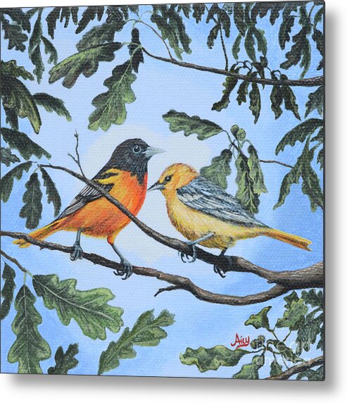 Birds Metal Print featuring the painting Oriole Birds on White Oak Tree by Aicy Karbstein