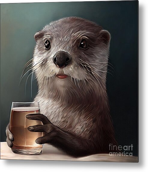 Nature Metal Print featuring the painting Otter Having Drink by N Akkash
