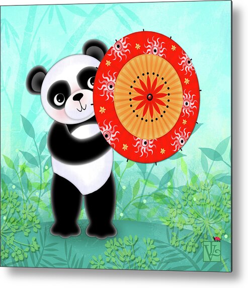 Letter P Metal Print featuring the digital art P is for Panda and Parasol by Valerie Drake Lesiak