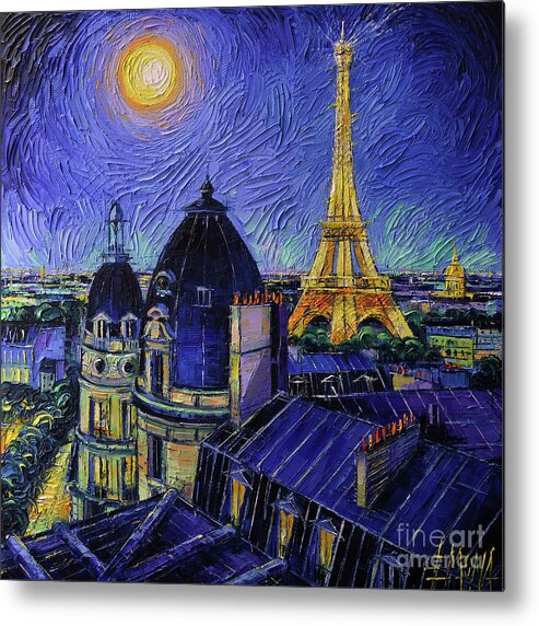 Paris Rooftops In Moonlight Metal Print featuring the painting PARIS ROOFTOPS IN MOONLIGHT palette knife oil painting Mona Edulesco by Mona Edulesco
