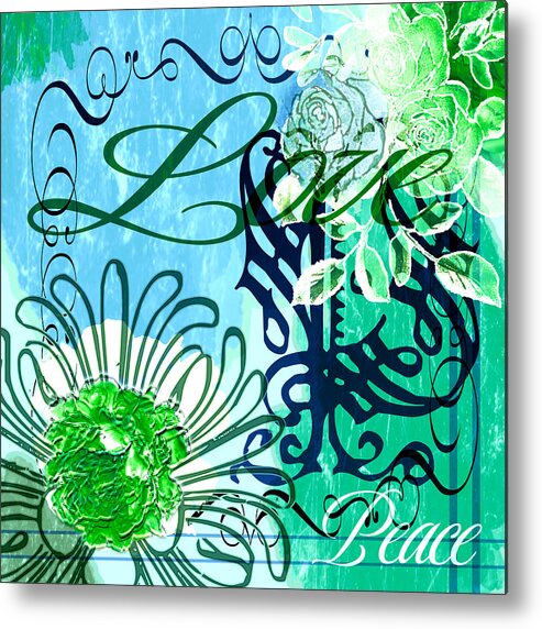 Peace Metal Print featuring the digital art Peace and Love Blue Green Collage by Delynn Addams