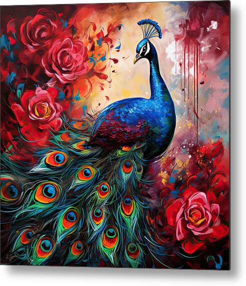Colorful Peacock Metal Print featuring the painting Peacock Portrait - Colorful Peacock in All Its Glory by Lourry Legarde