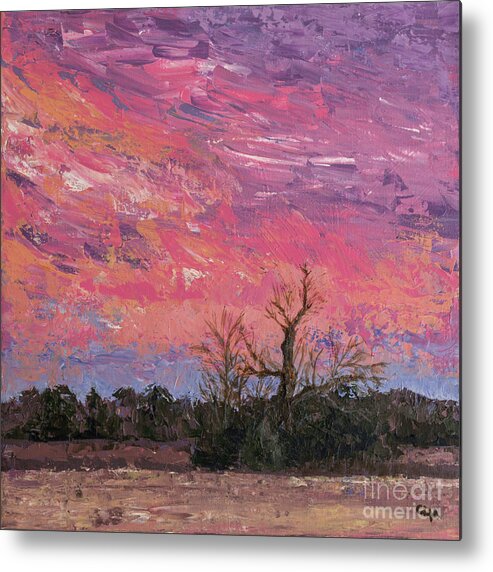 #pecantree #sunset #pecanbranchranch #art #artist #loveart #creative #iimpressionistic #loveart #palletknife #artoncanvas #richcolor #colorful #pink #purple #orange #blue #trees #winter #treebranches #cedars #huntcounty #texas #northtexas #northeasttexas #country #ranch #farmhouse #homedecor Metal Print featuring the painting Pecan Branch Ranch Sunset by Cheryl McClure