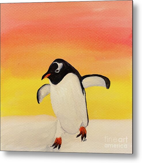 Penguin Metal Print featuring the painting Penguin at Sunset by Lisa Neuman