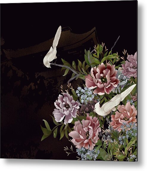 Chinoiserie Metal Print featuring the digital art Peonies and Birds Glitter Temple Chinoiserie by Sand And Chi