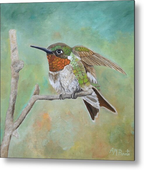 Hummingbird Metal Print featuring the painting Perched In Place by Angeles M Pomata