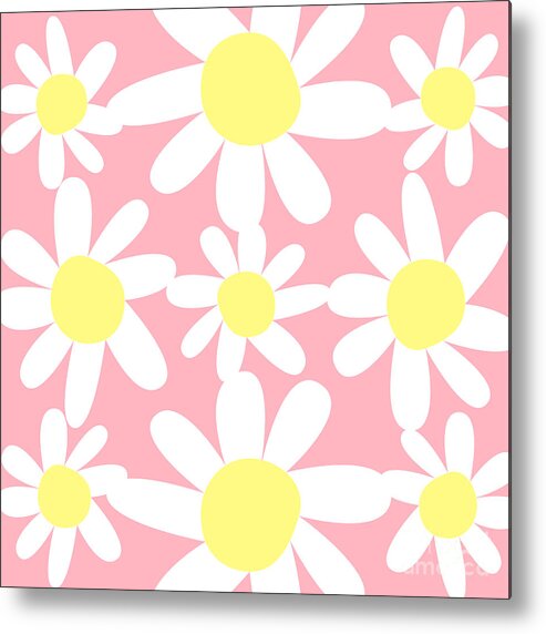 Pink Metal Print featuring the digital art Pink and Sun Yellow Daisy Floral Pattern Design by Christie Olstad