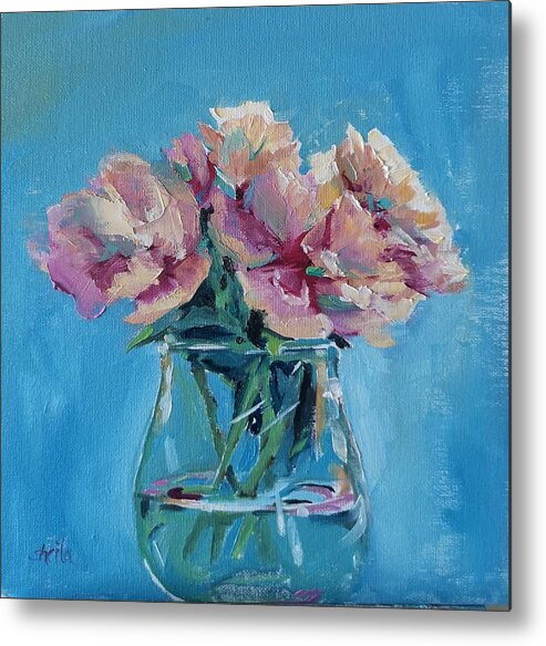 Pink Metal Print featuring the painting Pink Flowers with Blue by Sheila Romard