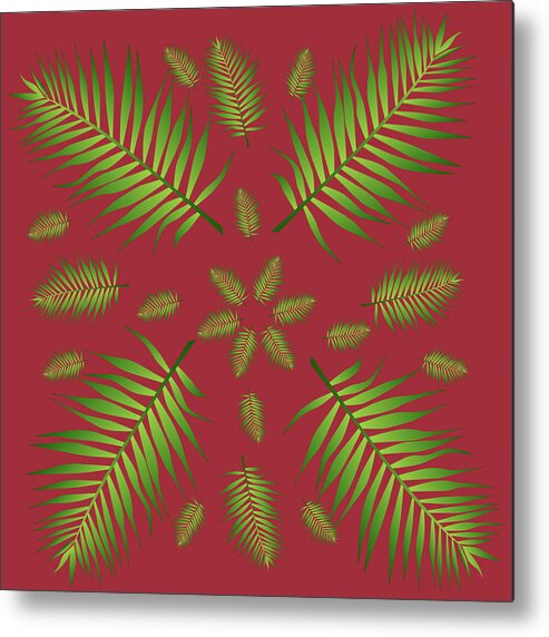 Palm Metal Print featuring the digital art Plethora of Palm Leaves 12 on a Maroon Background by Ali Baucom