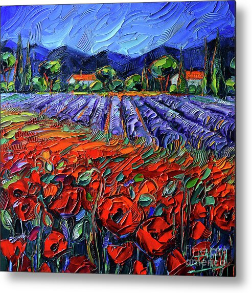 Poppies And Lavender Fields Metal Print featuring the painting POPPIES AND LAVENDER FIELDS oil painting Mona Edulesco by Mona Edulesco