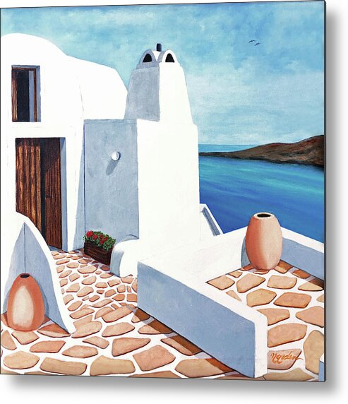 Santorini Metal Print featuring the painting SANTORINI GETAWAY-Original or Prints by Mary Grden