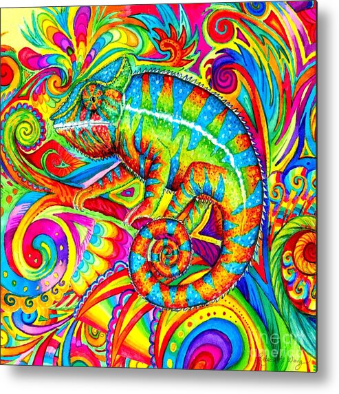 Chameleon Metal Print featuring the drawing Psychedelizard - Psychedelic Rainbow Chameleon by Rebecca Wang