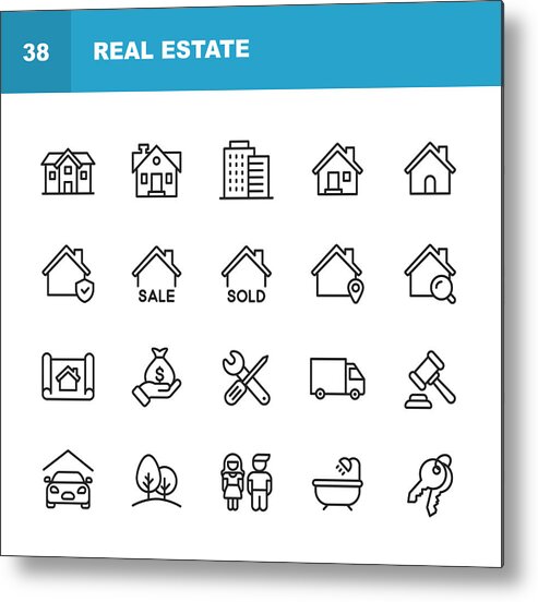 Apartment Metal Print featuring the drawing Real Estate Line Icons. Editable Stroke. Pixel Perfect. For Mobile and Web. Contains such icons as Building, Family, Keys, Mortgage, Construction, Household, Moving, Renovation, Blueprint, Garage. by Rambo182