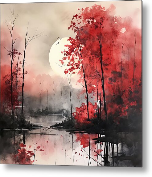 Gray And Red Art Metal Print featuring the painting Red Autumn Rhapsody - Dreamy Red and Gray Autumn Impressionist Forest by Lourry Legarde