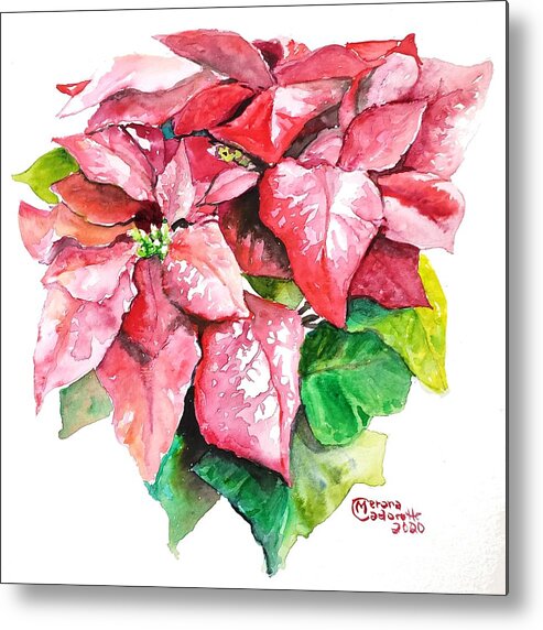 Poinsettia Metal Print featuring the painting Red Poinsettia by Merana Cadorette