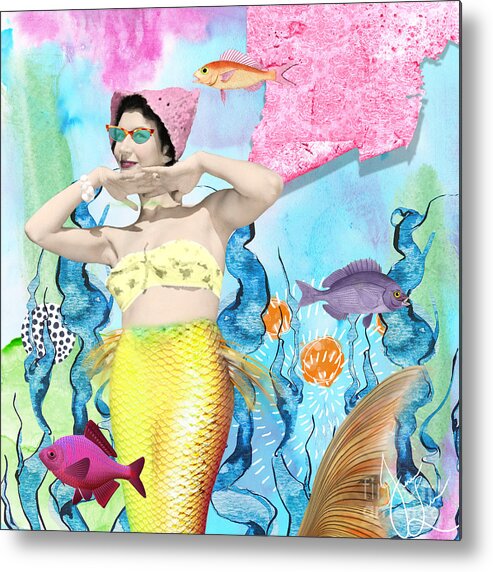 Digital Collage Metal Print featuring the digital art Retro Mermaid by Janice Leagra
