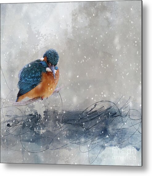 European Kingfisher Metal Print featuring the mixed media River Kingfisher in Winter by Eva Lechner