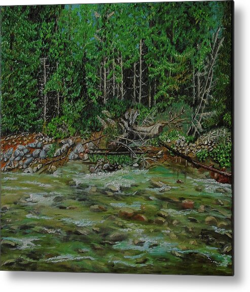 Landscape Oil Painting Natural Wild Peacefull Outside Wet Foam Stream By The River Reflections Water Aqua River Sand Modern Comb Shimmer Pine Needle In Bloom Deciduous Tree Forest Leaf Woodland Trees Tranquil Botanical Plant Realism Nature Floral Rocks Stones Mysterious Pristine Wild Sunlight Sunny Summer Vacations Sky Travel Poland Explore Stone Texture Derail Focus On Stone Scenery Metal Print featuring the painting River by Maria Woithofer