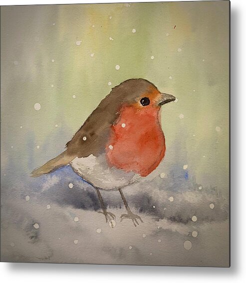 Watercolour Metal Print featuring the painting Robin in the snow by Heather Matthews
