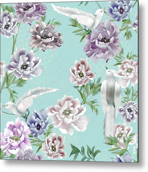 Peony Metal Print featuring the digital art Robin's Egg Blue Chinoiserie Peonies and Royal Birds by Sand And Chi