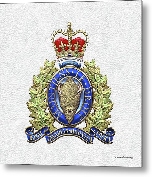 'insignia & Heraldry' Collection By Serge Averbukh Metal Print featuring the digital art Royal Canadian Mounted Police - R C M P Badge over White Leather by Serge Averbukh