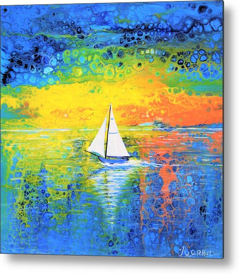 Wall Art Sailboat Sky Pouring Art Sunrise Sunset Home Decor Blue Sky Water Lake Art Gallery Acrylic Painting Abstract Painting Metal Print featuring the painting Sailboat by Tanya Harr