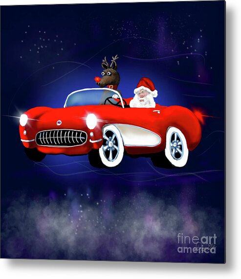 Chevrolet Metal Print featuring the digital art Santa and a 1957 Corvette by Doug Gist