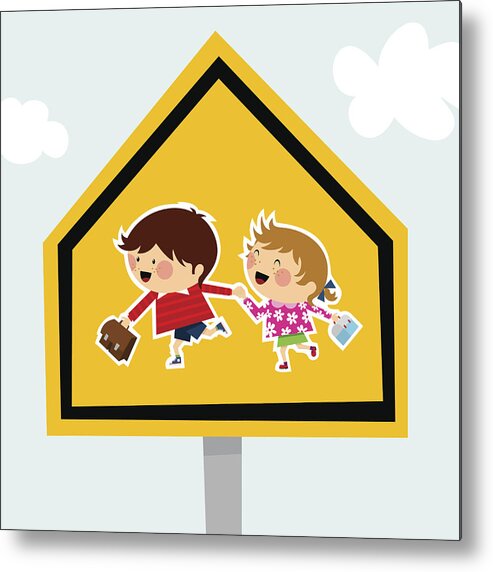 Alertness Metal Print featuring the drawing School Traffic Sign Schoolboy Schoolgirl Backtoschool Illustration Vector by Myillo