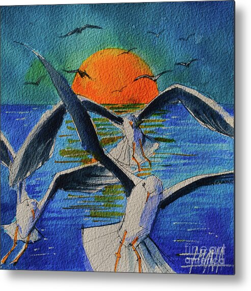 Sunset Metal Print featuring the painting SEAGULLS IN FLIGHT commissioned watercolor painting Mona Edulesco by Mona Edulesco