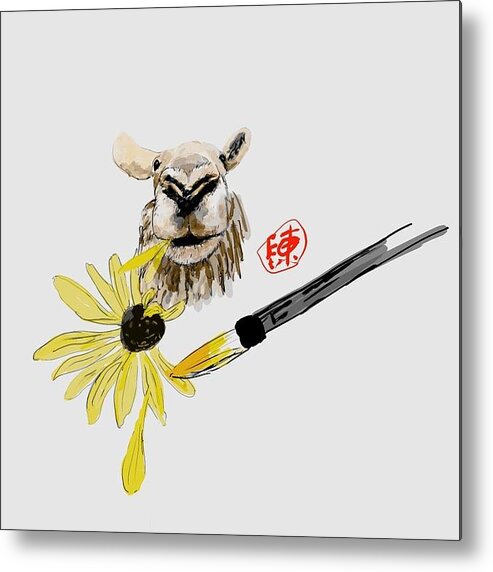 Sheep. Sunflower. Painting Brush Metal Print featuring the digital art Sheep and Sunflower by Debbi Saccomanno Chan
