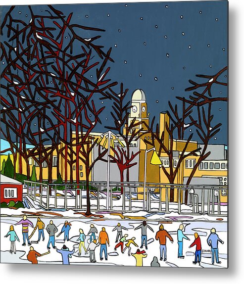 Valley Stream Winter Snow Skating New York Hometown Central High School Iceskating Ice Metal Print featuring the painting Skating inHendrickson Park by Mike Stanko