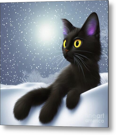 Snow; Kitty; Cat; Black Cat; Moon; Snowbank; Digital Art; Square; Children's Art; Metal Print featuring the digital art Snow Kitty by Tina Uihlein