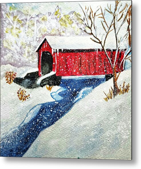 Snowy Metal Print featuring the painting Snowy Covered Bridge by Shady Lane Studios-Karen Howard