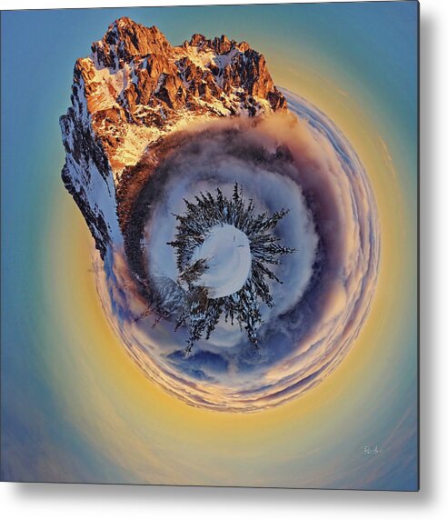 Montana Metal Print featuring the photograph Snowy Mountain Tiny Planet by Russ Harris