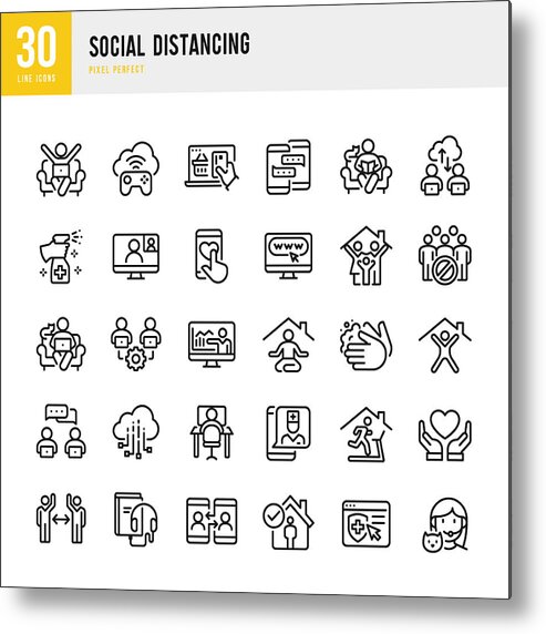 Working Metal Print featuring the drawing SOCIAL DISTANCING - thin line vector icon set. Pixel perfect. The set contains icons: Social Distancing, Remote Work, Quarantine, Video Conference, Working At Home, E-Learning, Sports Training, Telemedicine. by Fonikum