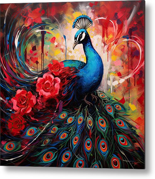 Colorful Peacock Metal Print featuring the painting Splendor Of Love And Glory - Peacock Colorful Artwork by Lourry Legarde