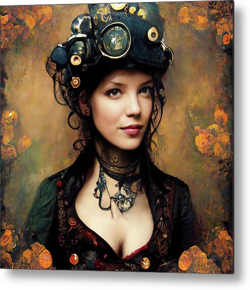 Steampunk Metal Print featuring the digital art Steampunk Woman Portrait 02 by Matthias Hauser