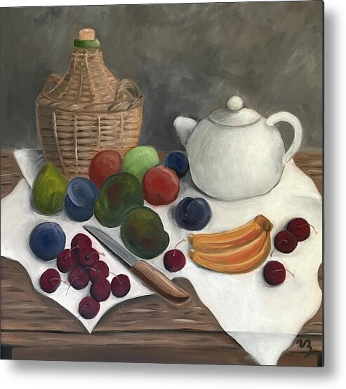 Still Life Metal Print featuring the painting Still Life with Jug Wine and Fruits by Victoria Lakes